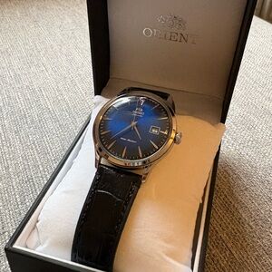ORIENT Bambino Blue Dial Watch with Black Leather Strap